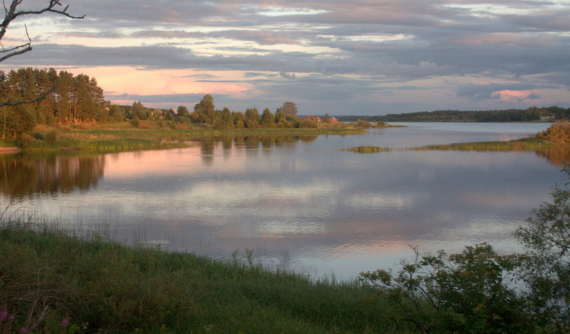 Небольшое озеро в Новгородской области, закат, красивый лес