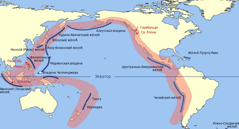 Тихоокеанское вулканическое огненное кольцо на карте