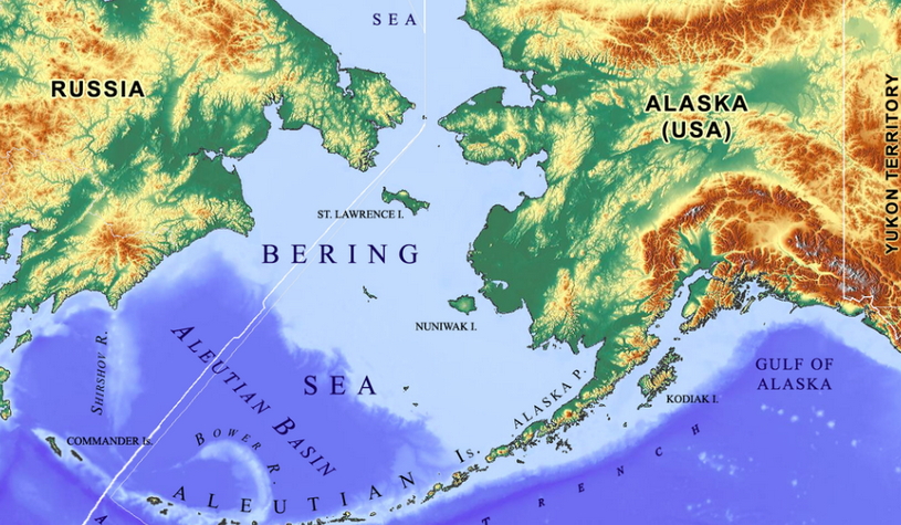 Карта, Берингово море, Россия и США