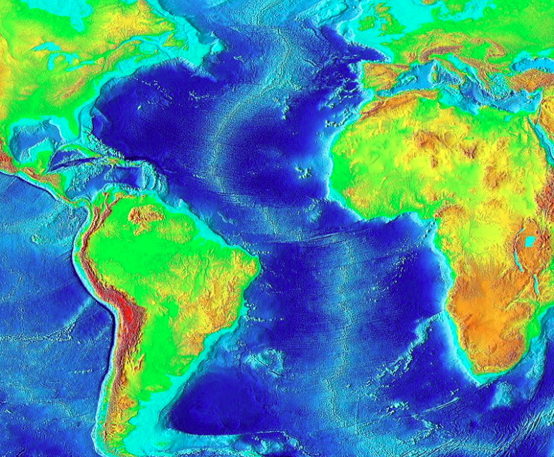 Атлантический океан, глубины и рельеф дна на карте