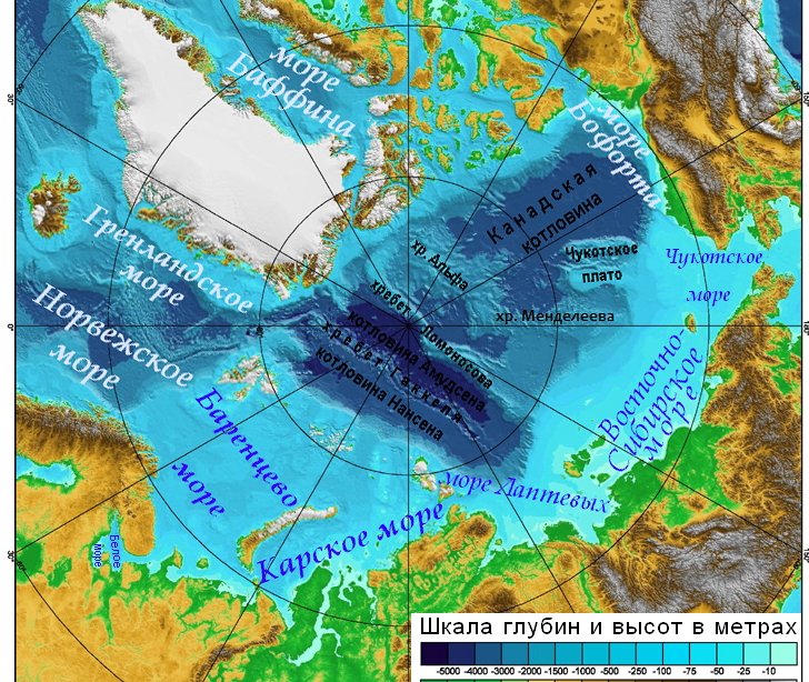 Северный Ледовитый океан, карта глубин и рельефа дна