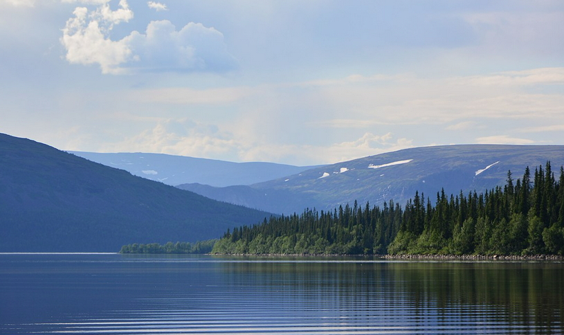 Озеро на фоне гор в Мурманской области, лес