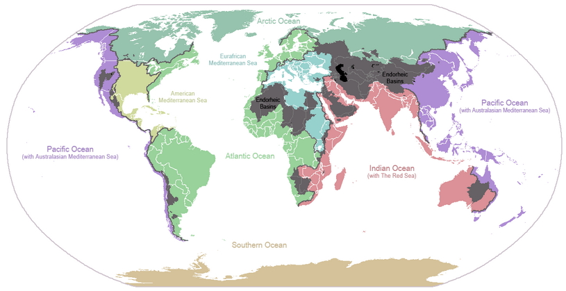 Водосборные бассейны мира на карте